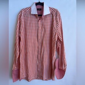 STEVEN LAND 100% COTTON WASHABLE ORANGE/WHITE PLAID FRENCH CUFFS MENS SHIRT 16.5